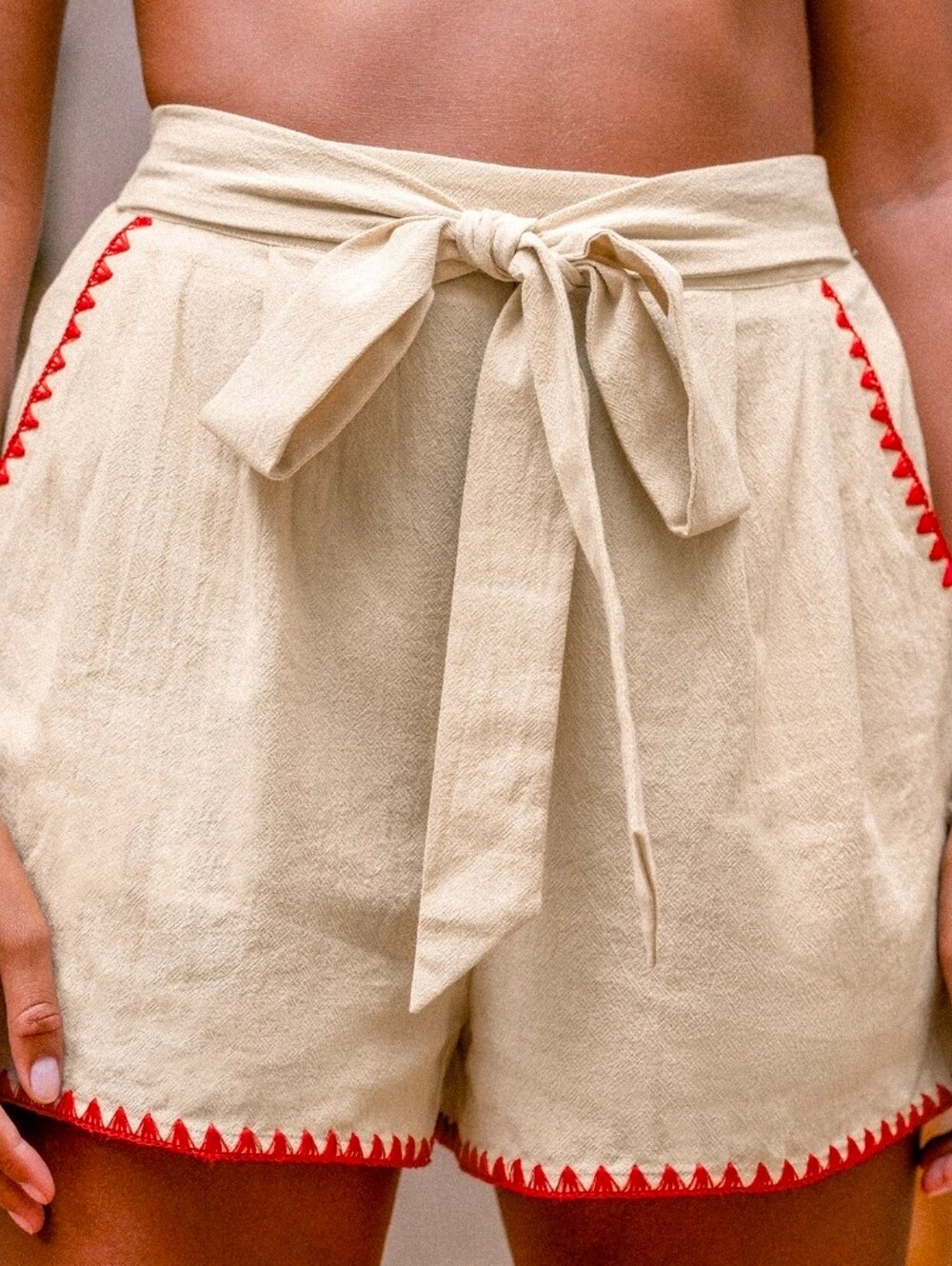Women's Cream/Beige Tie-Waist Shorts with Red/orange Trim